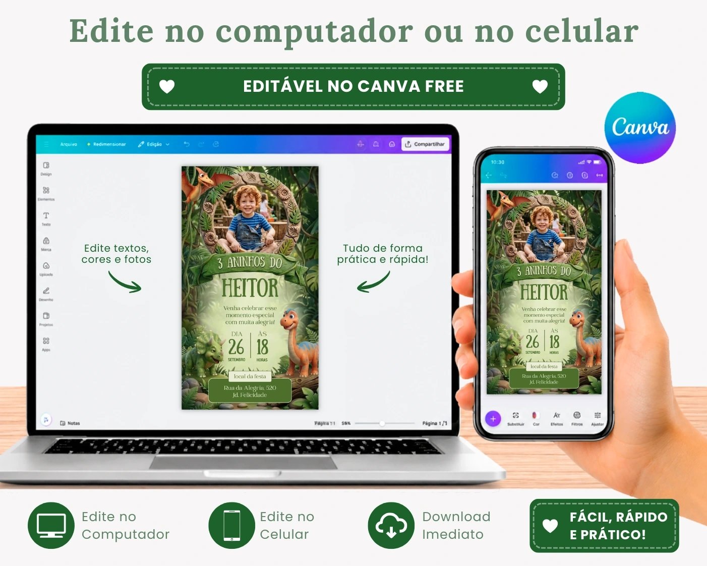 Convite animado tema dinossauro para aniversário infantil editável no Canva