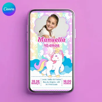 Convite de Aniversário Tema Unicórnio Editável no Canva