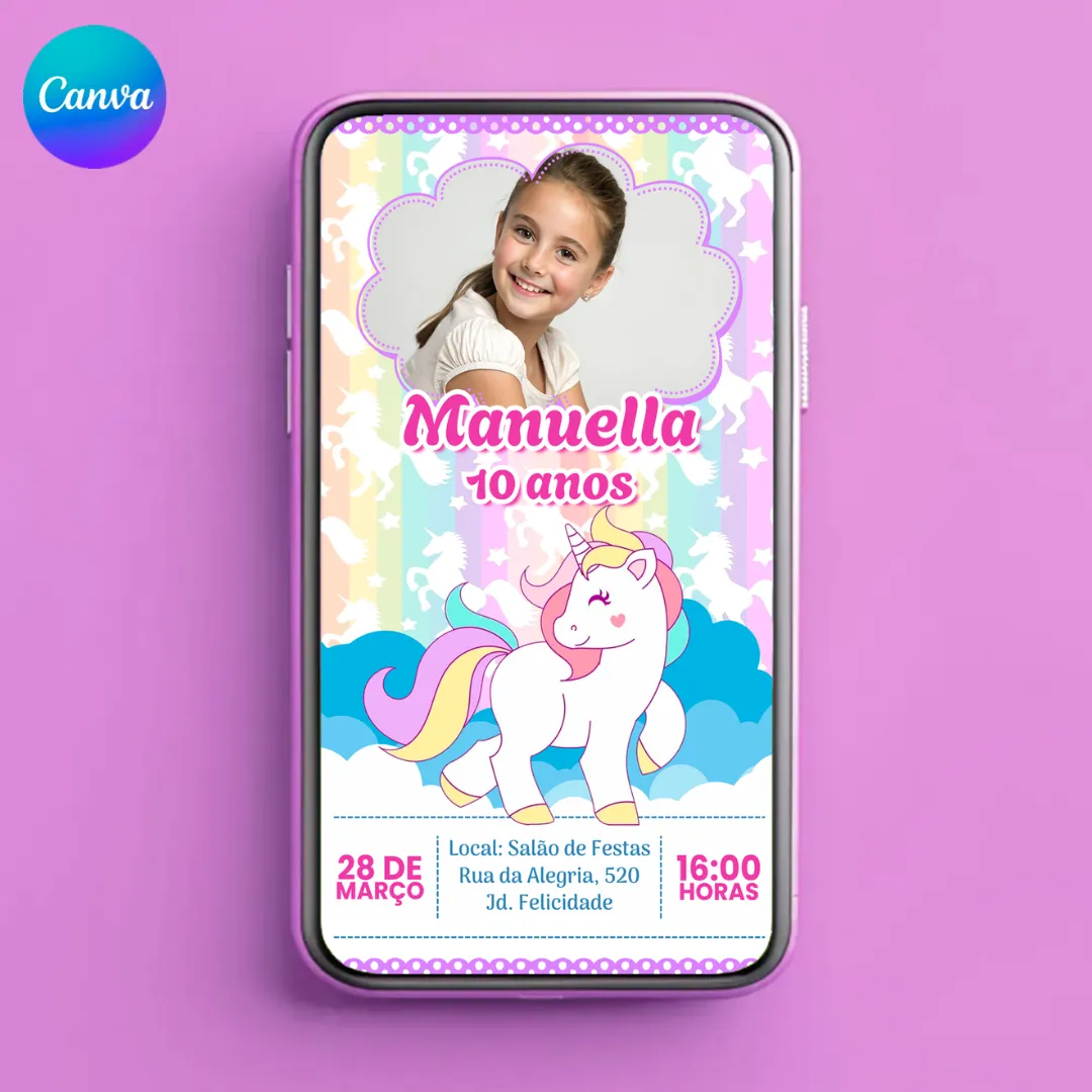 Convite de Aniversário Tema Unicórnio Editável no Canva