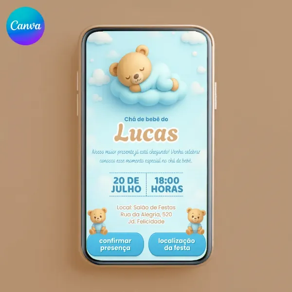 Convite Chá de Bebê Ursinho Azul para editar no Canva