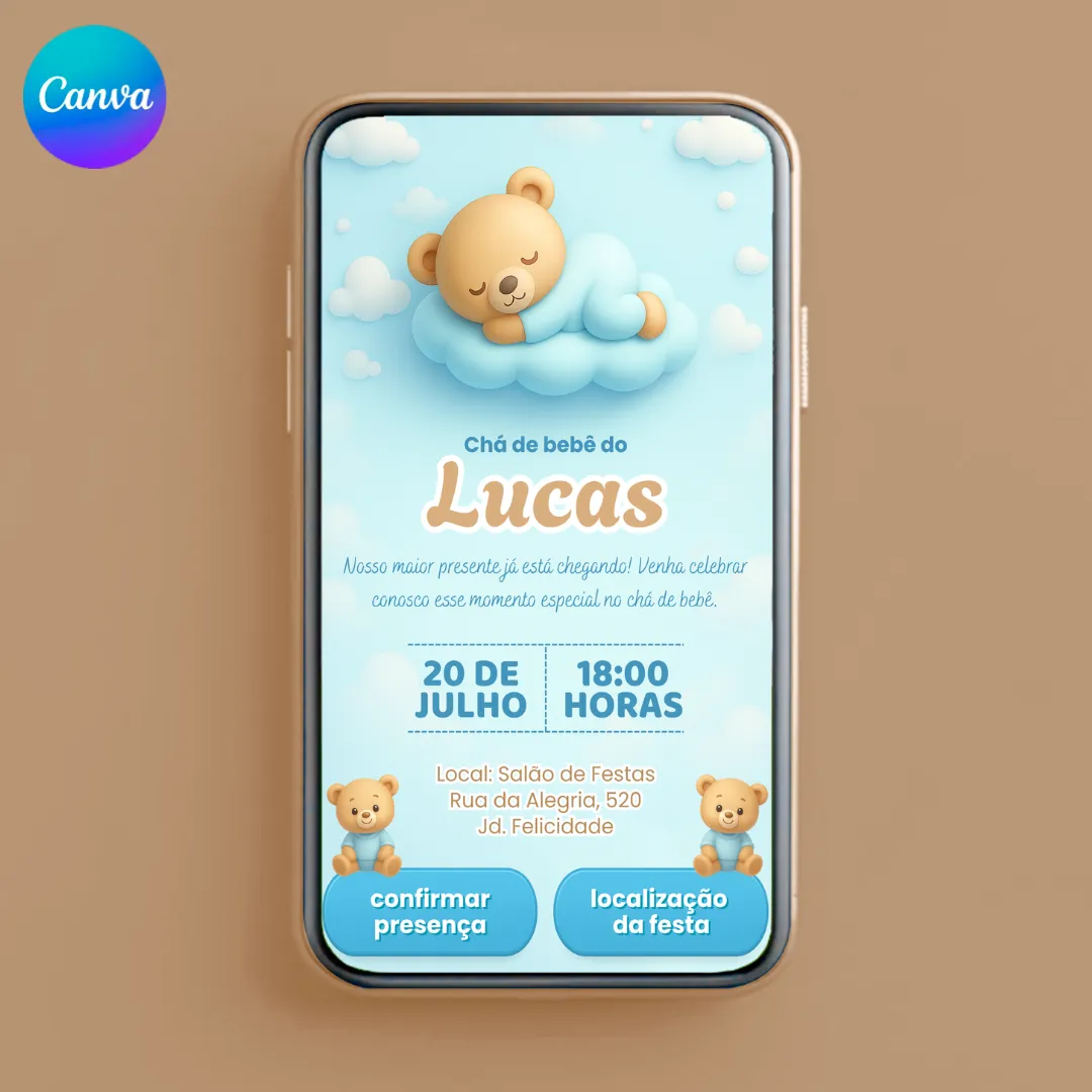 Convite Chá de Bebê Ursinho para editar no Canva