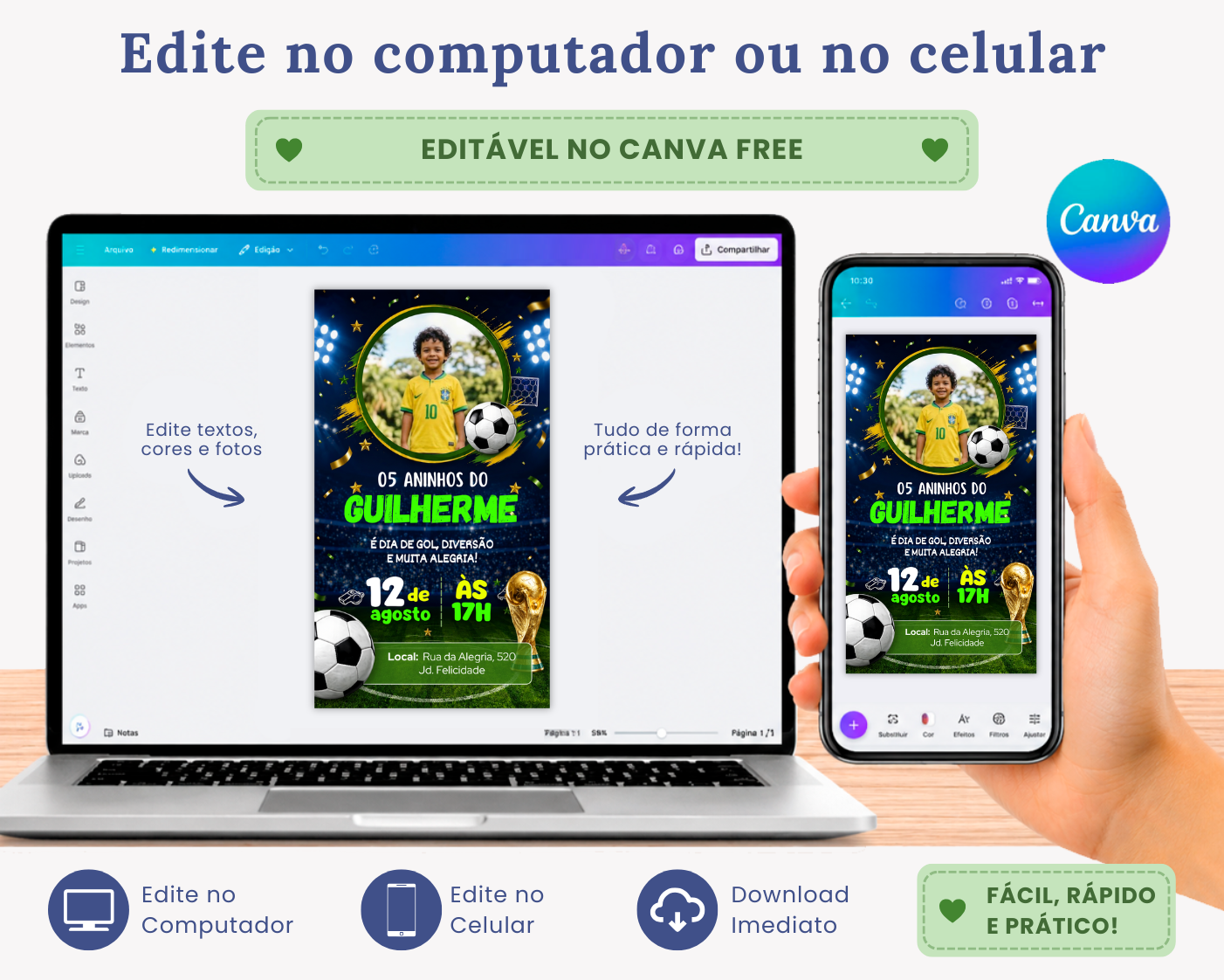 Convite Aniversário Infantil Copa do Mundo 2026 Azul Futebol para editar no Canva