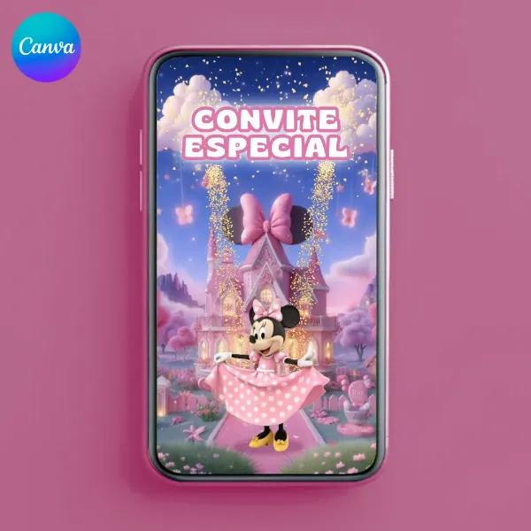 Convite Animado Minnie Rosa com Foto - Editável Canva