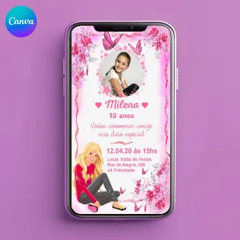 Convite Digital Barbie com borboletas Editável Canva