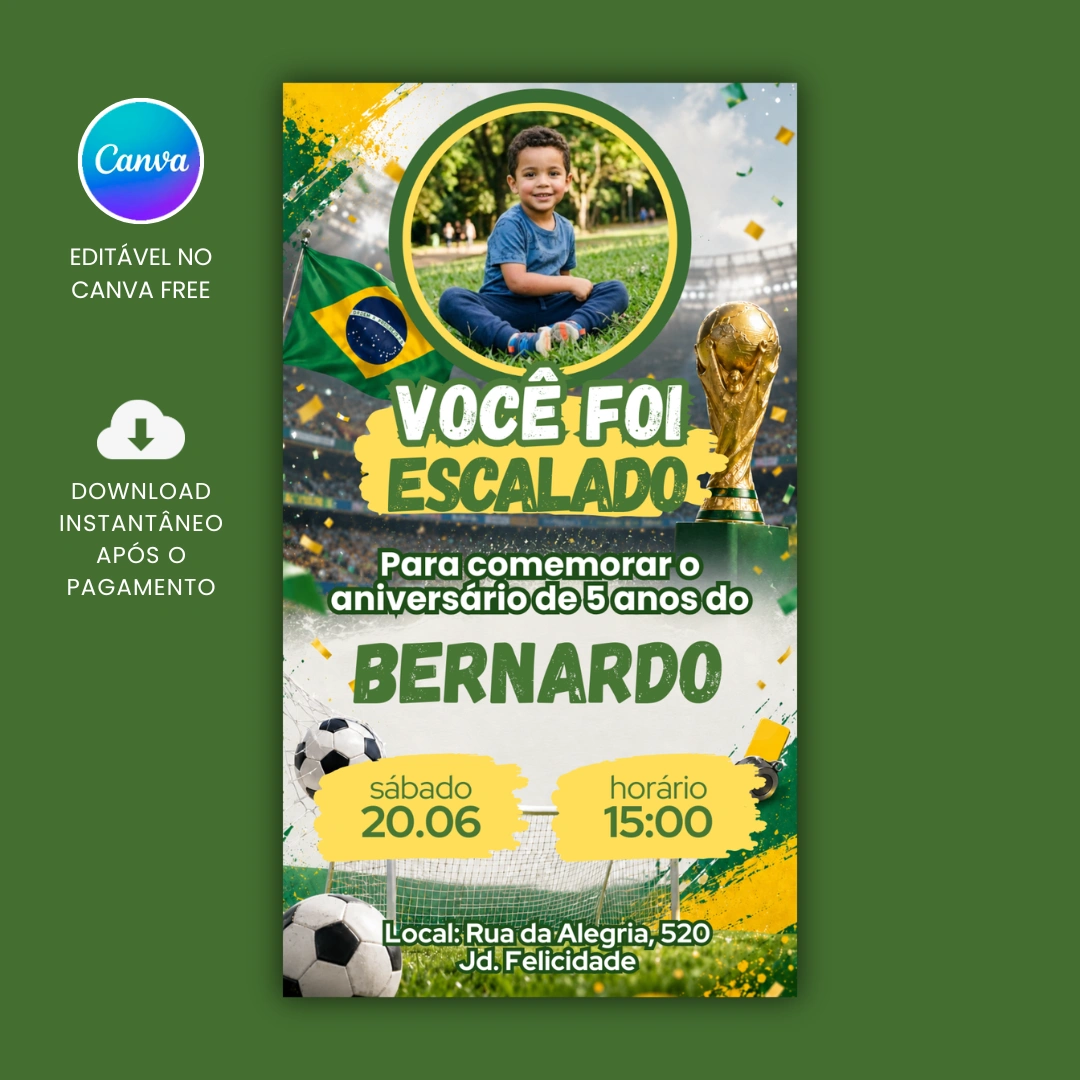 Convite Aniversário Infantil Tema Copa do Mundo para editar no Canva