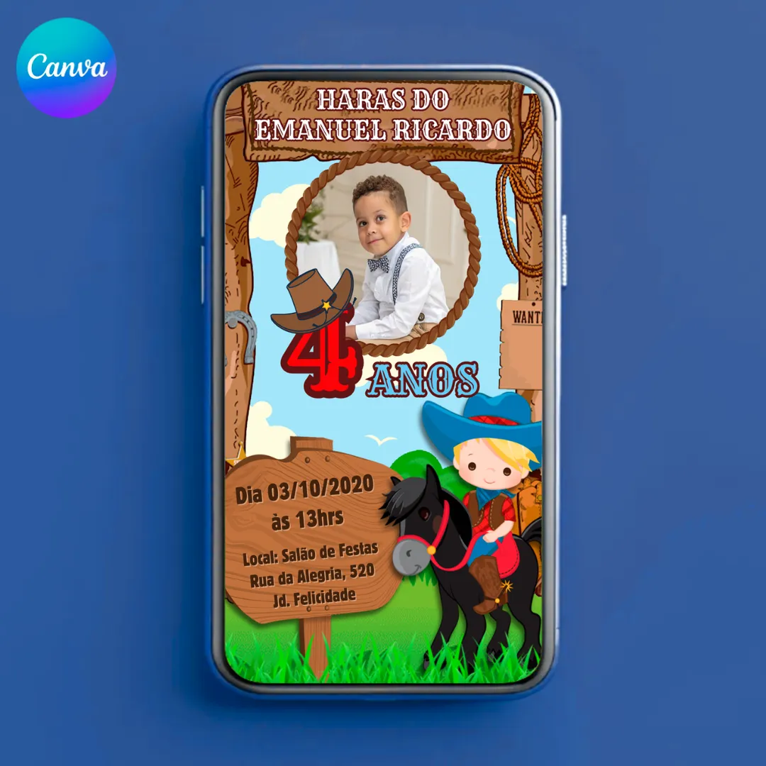 Convite de Aniversário Digital Fazendinha Haras Editável no Canva