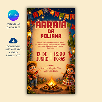 Convite Digital Festa Junina Arraiá Editável no Canva
