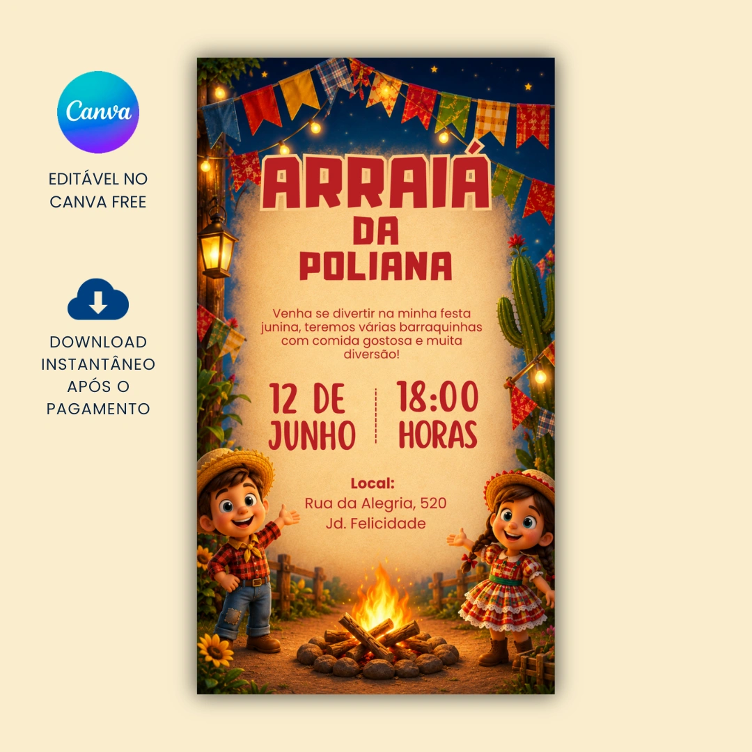 Convite Digital Festa Junina Arraiá Editável no Canva