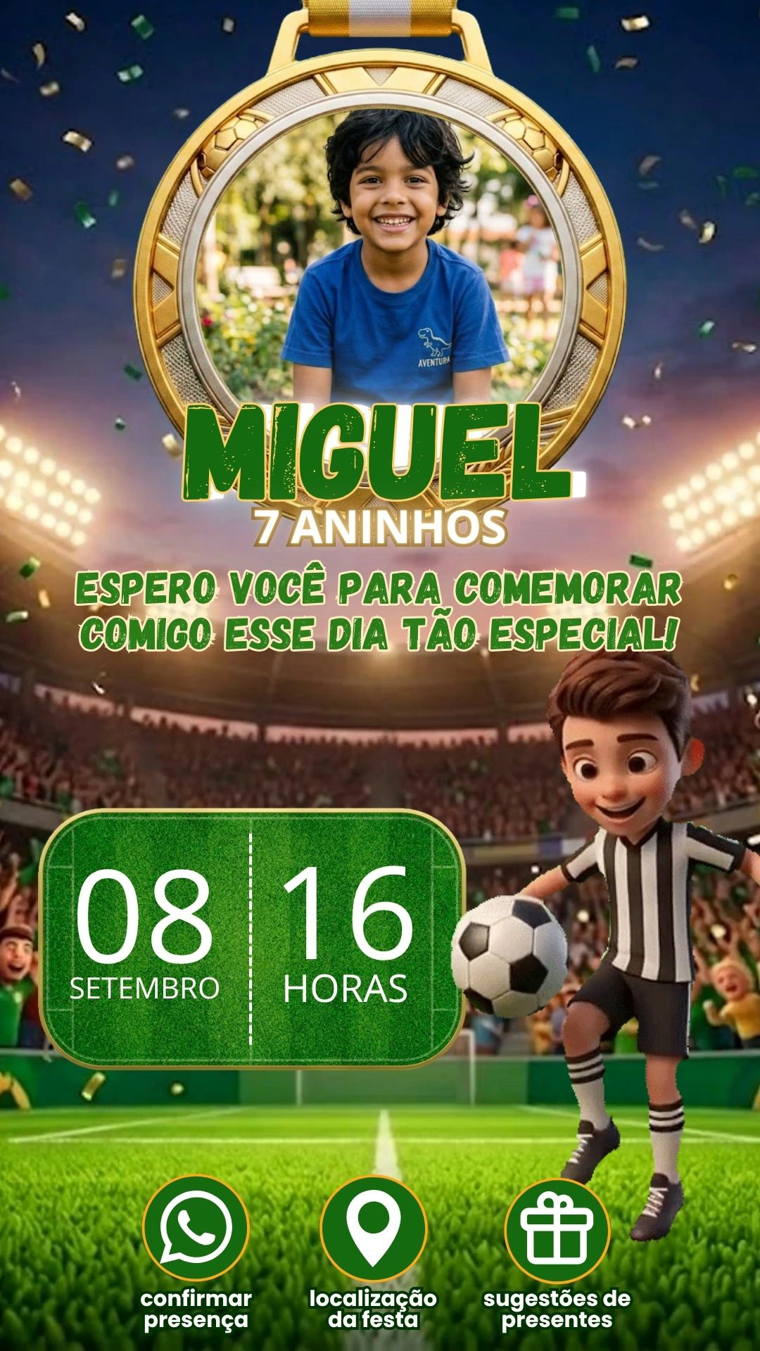 Convite futebol com botões interativos para confirmação de presença, localização e sugestões de presentes