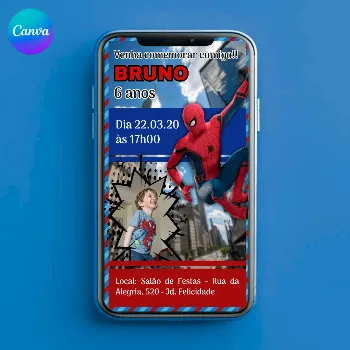 Convite Digital Homem-Aranha editável no Canva