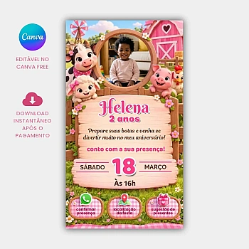 Convite Aniversário Interativo Fazendinha Rosa com Animais para Editar no Canva