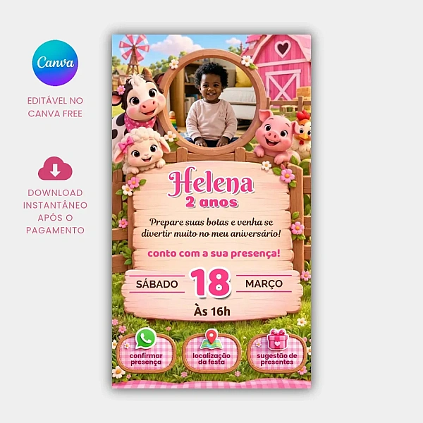 Convite Aniversário Interativo Fazendinha Rosa com Animais para Editar no Canva