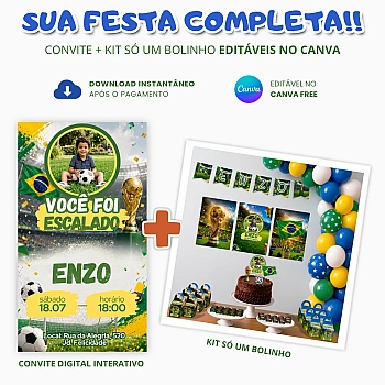 Convite Digital + Kit só um bolinho Aniversário Copa do Mundo para editar no Canva