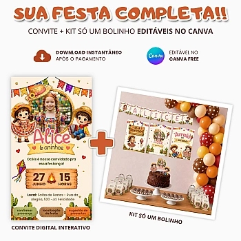 Convite Digital + Kit só um bolinho Aniversário Festa Junina para editar no Canva