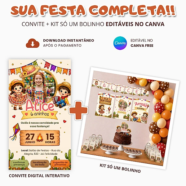 Convite Digital + Kit só um bolinho Aniversário Festa Junina para editar no Canva