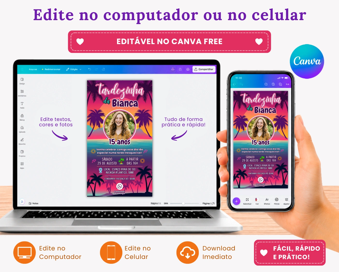 Convite Digital e Interativo Tema Tardezinha Feminino editável canva