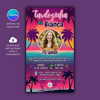 Convite Digital e Interativo Tema Tardezinha Feminino para editar no Canva