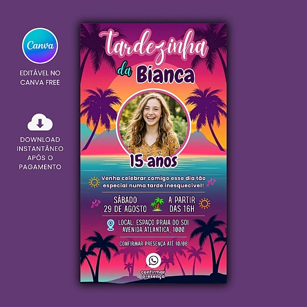Convite Digital e Interativo Tema Tardezinha Feminino para editar no Canva