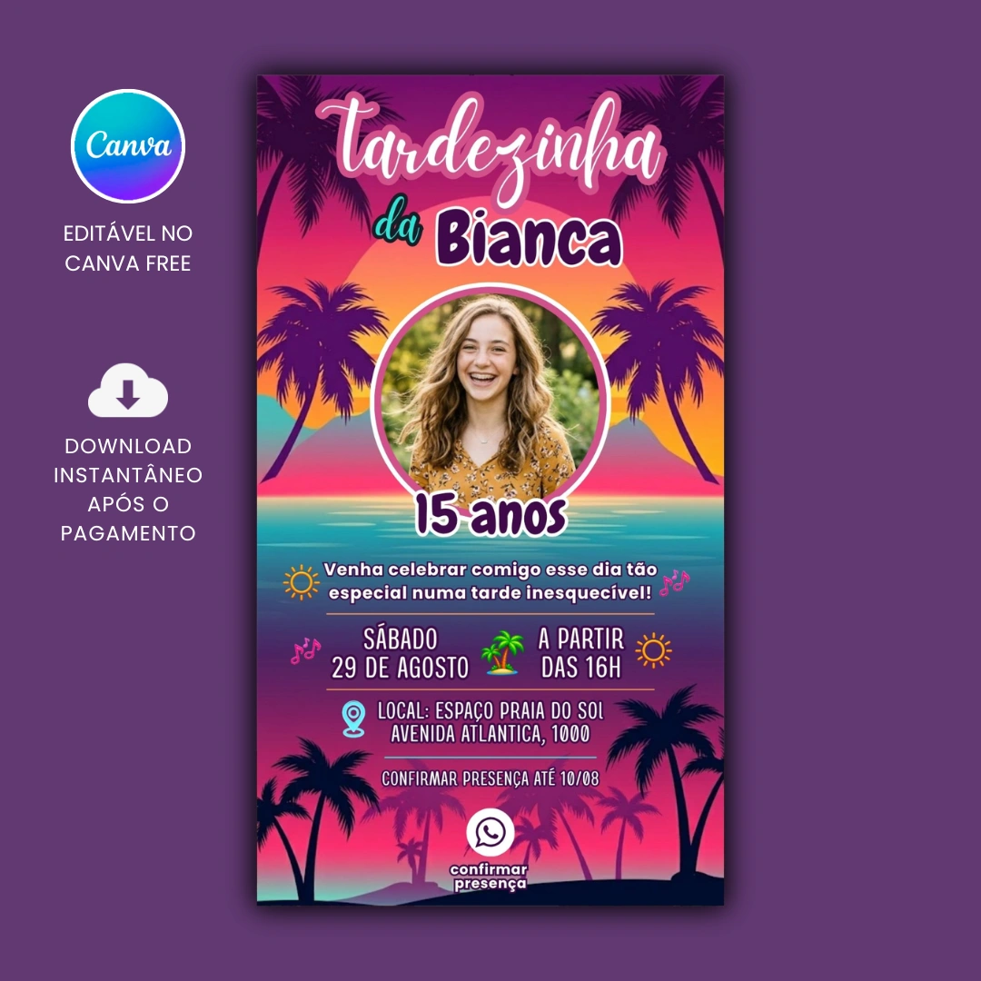 Convite Digital e Interativo Tema Tardezinha Feminino para editar no Canva