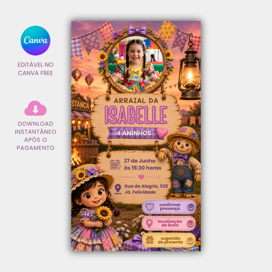 Convite interativo festa junina infantil feminino editável no Canva com foto e tema arraiá rosa lilás
