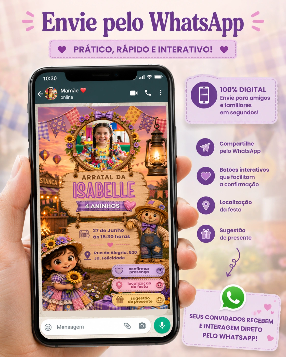Convite interativo festa junina infantil enviado pelo WhatsApp