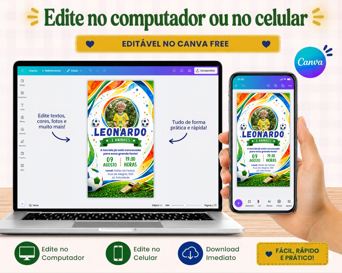 Convite Infantil Copa do Mundo para editar no Canva no Computador ou Celular