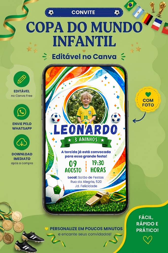 Convite Infantil Copa do Mundo Futebol com Foto para editar no Canva