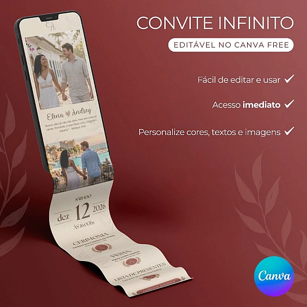 Convite de Casamento Infinito Estendido e Interativo para Editar no Canva
