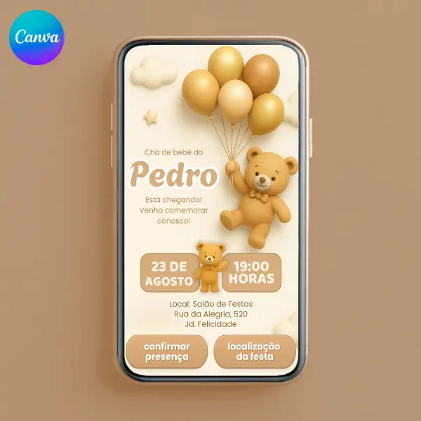 Convite interativo chá de bebê Ursinho para editar no Canva
