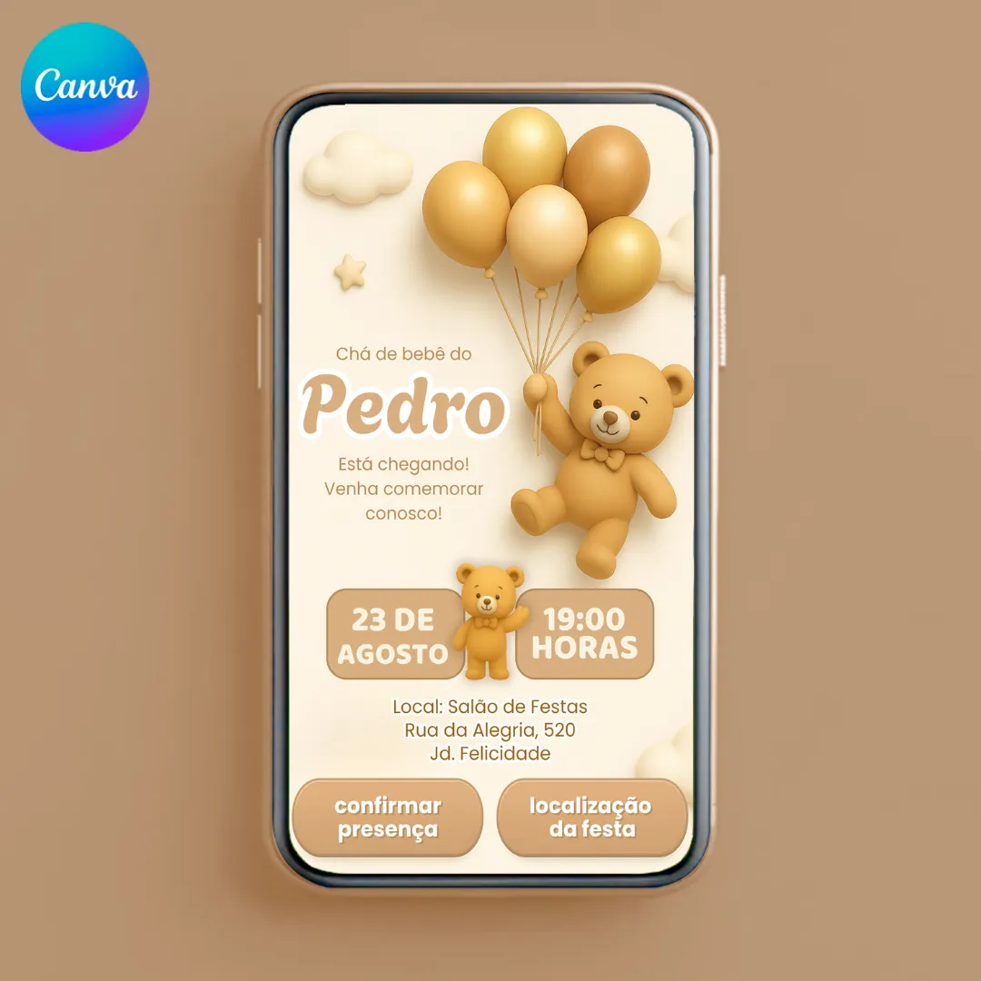 Convite interativo chá de bebê Ursinho para editar no Canva