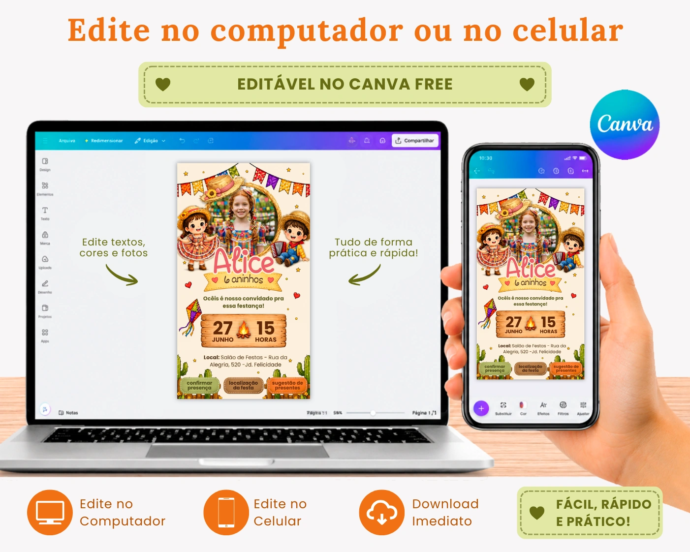 Convite de Aniversário Criativo Festa Junina Infantil para editar no Canva
