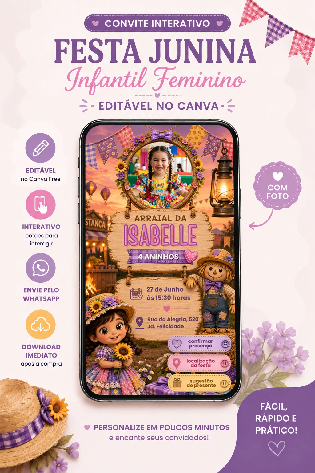 Convite interativo festa junina infantil feminino editável no Canva com foto