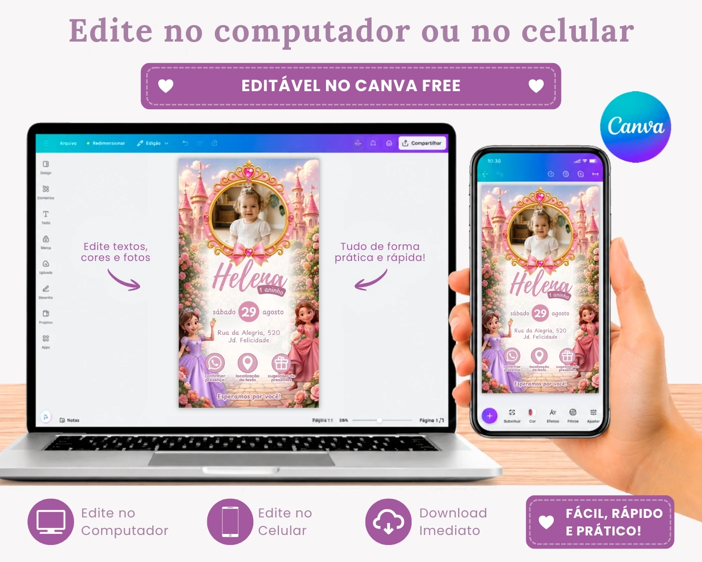 Convite animado e interativo tema princesa para aniversário infantil