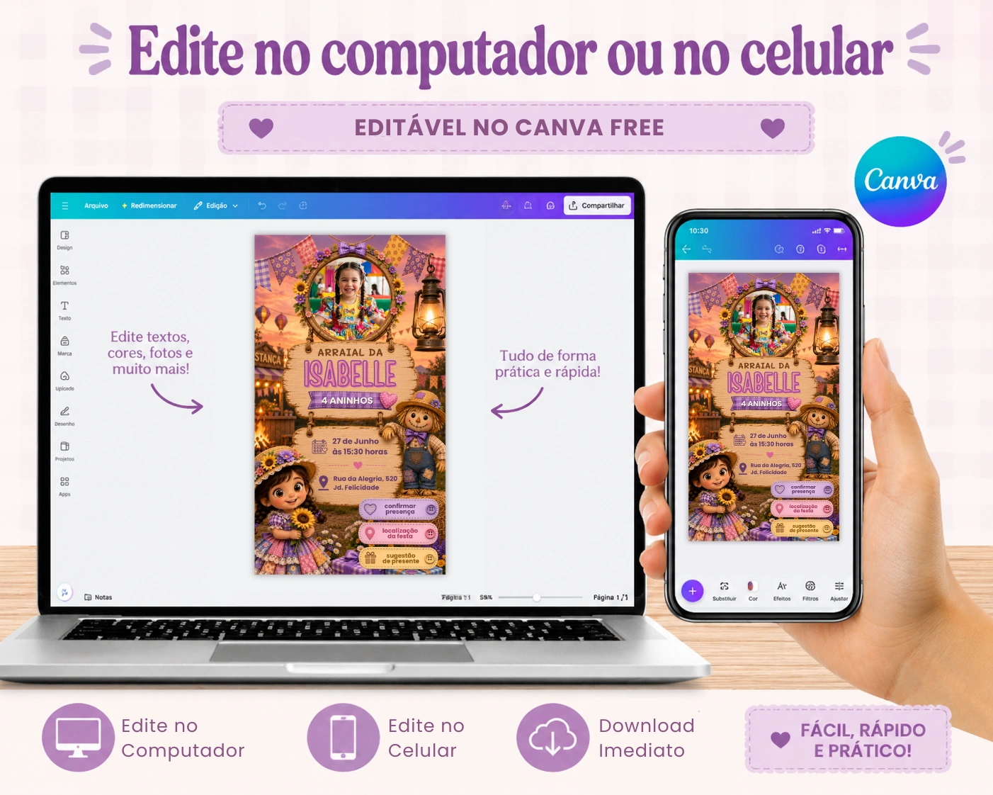 Convite festa junina infantil editável no Canva pelo computador ou celular