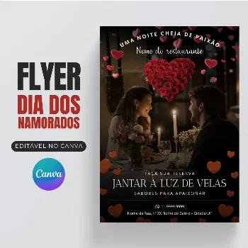 Flyer Dia dos Namorados para Restaurantes Editável no Canva 