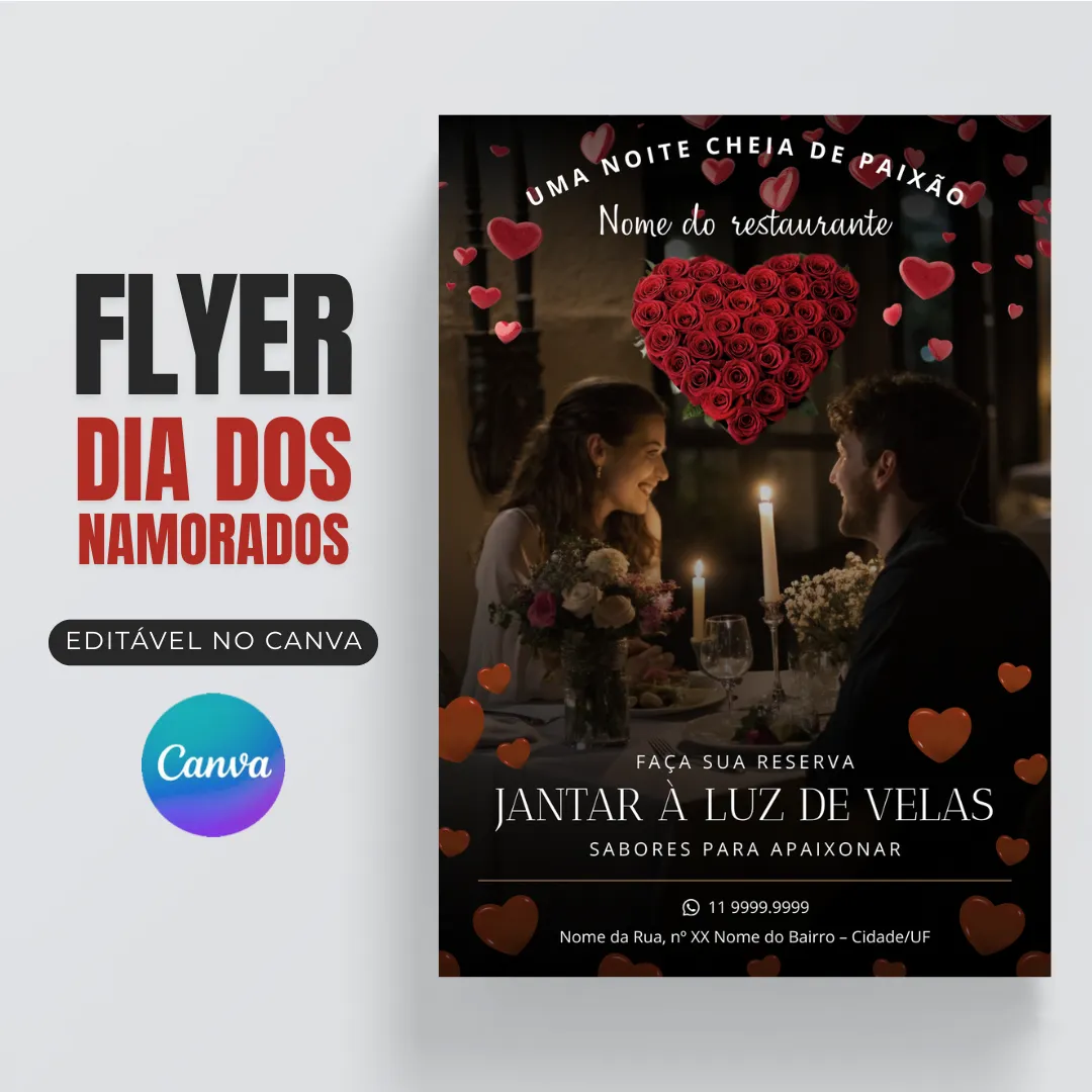 Flyer Dia dos Namorados para Restaurantes Editável no Canva 
