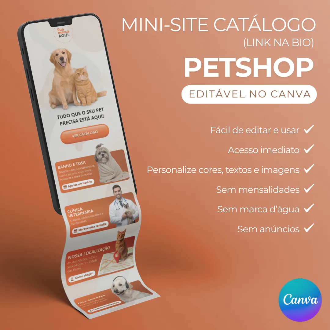 Mini Site editável para Pet Shop para editar no Canva