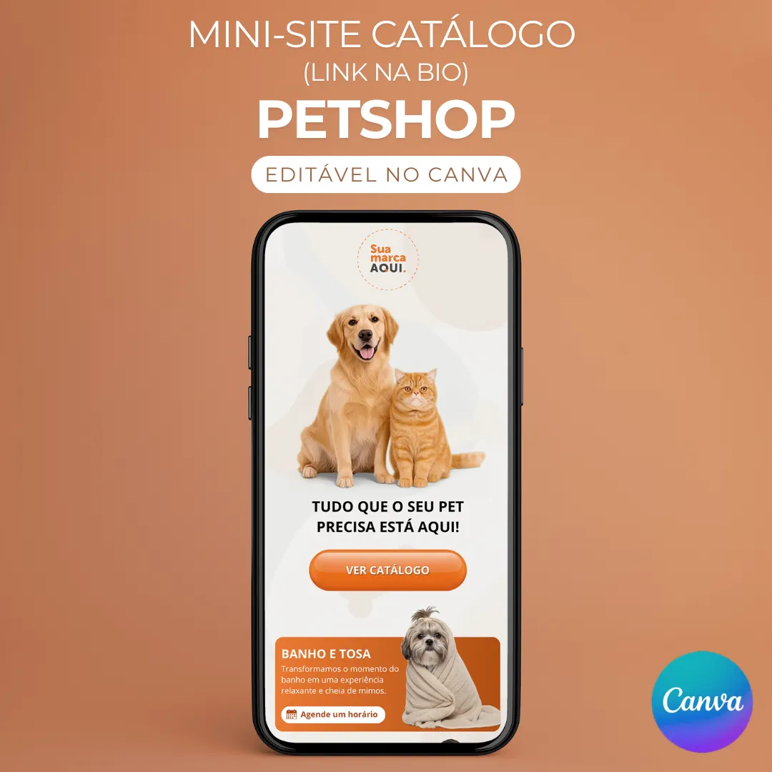 Mini Site Link na Bio editável para Pet Shop para editar no Canva