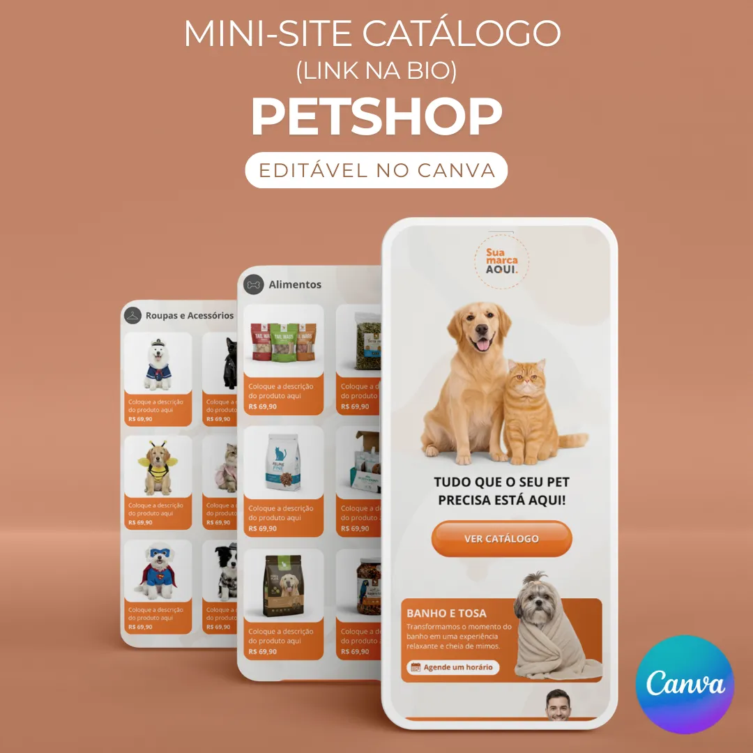 Catálogo Online para Pet Shop para editar no Canva