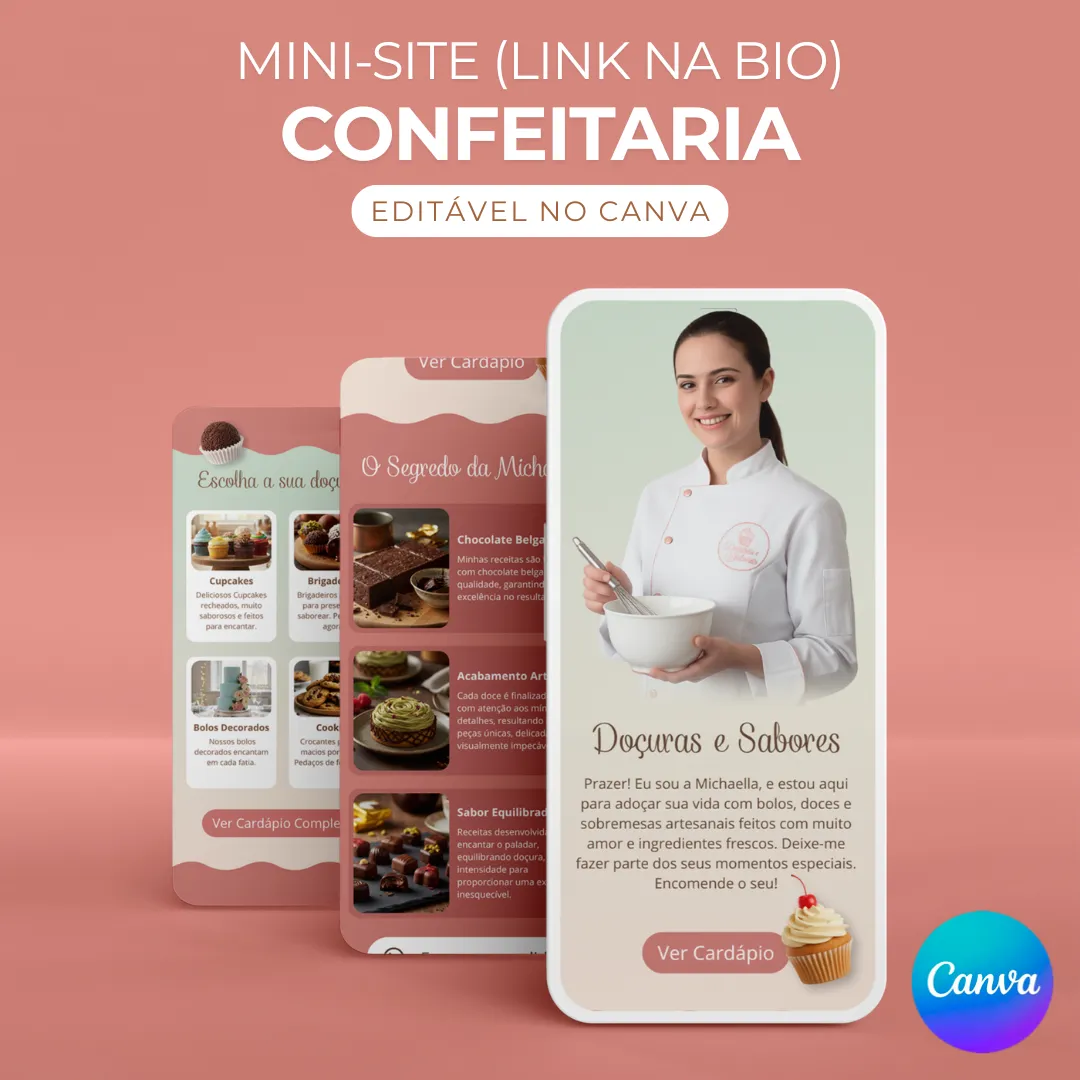 Mini Site estilo Landing Page Link na Bio Confeitaria para editar no Canva