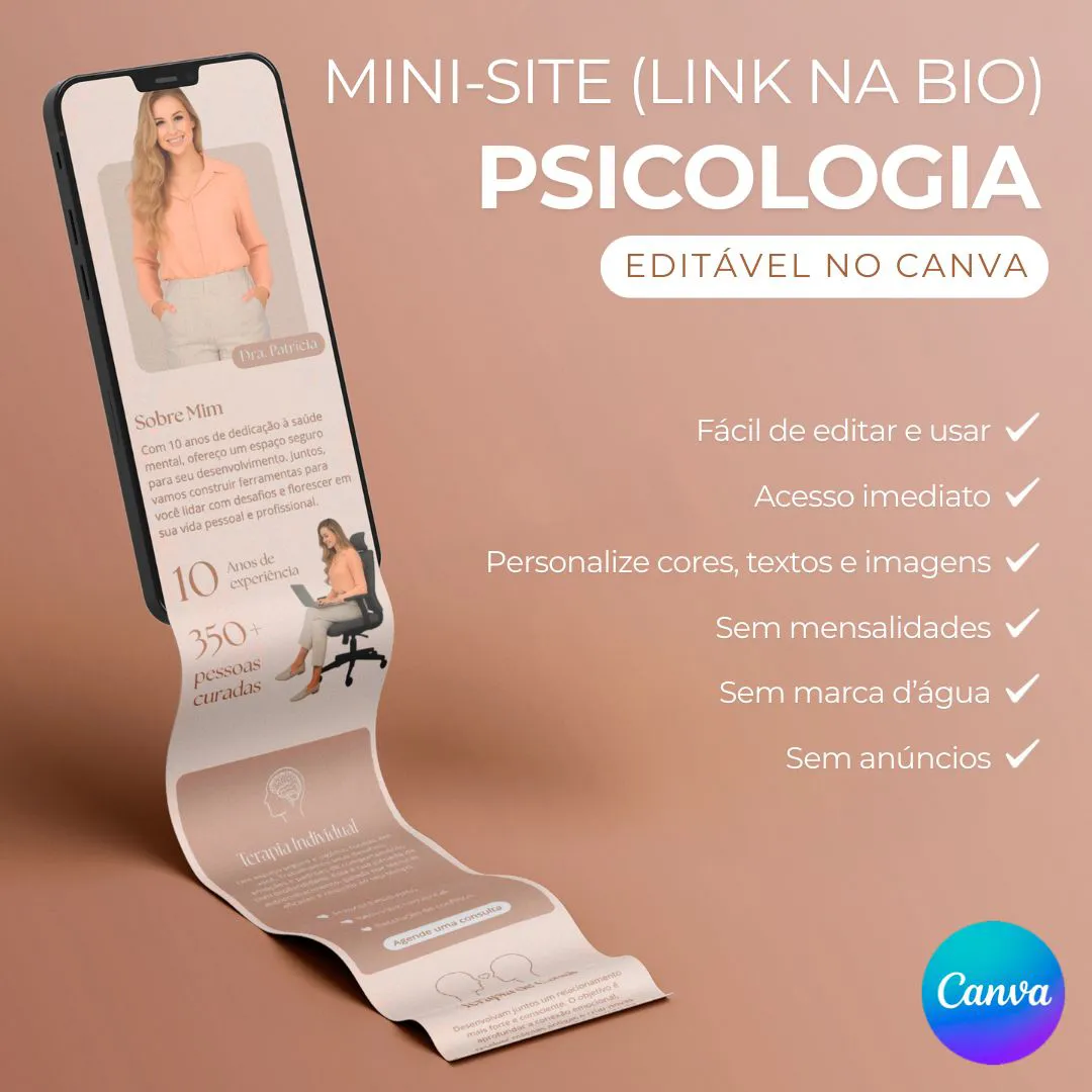 Mini Site link na bio para psicólogas editável no canva
