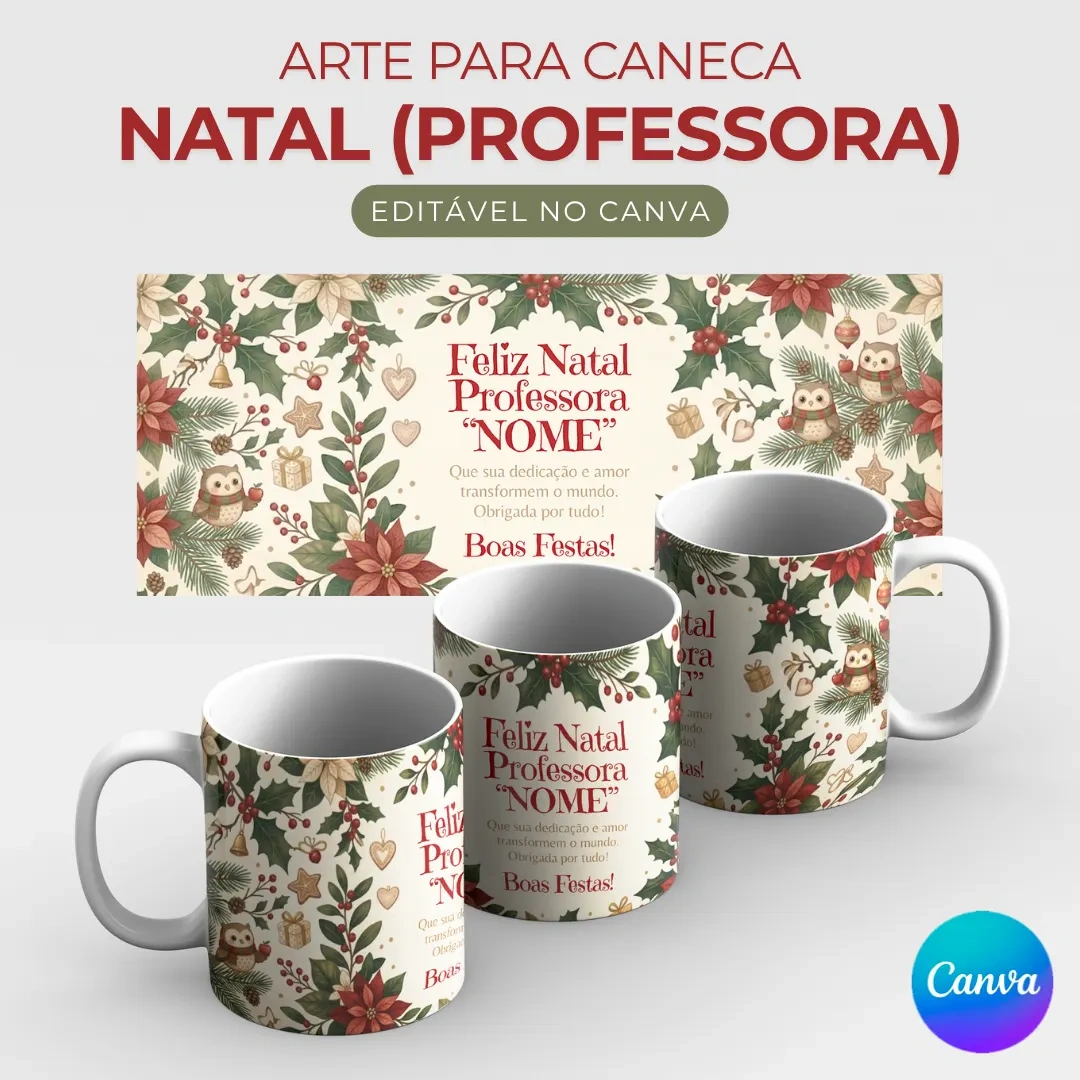 Arte para Caneca de Natal Presente Professora editável no Canva