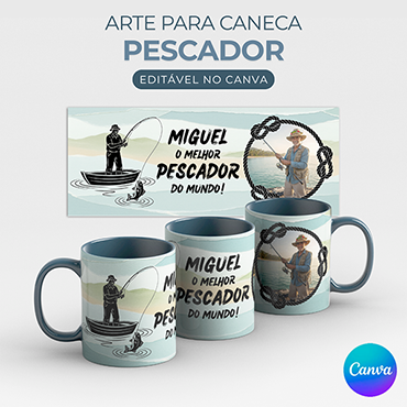 Arte Caneca Pescador Pescaria com Foto para editar no Canva