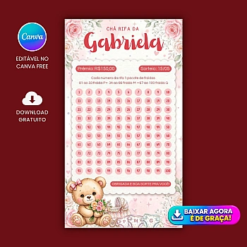 Chá rifa gratuito para menina editável no Canva com números de 1 a 100