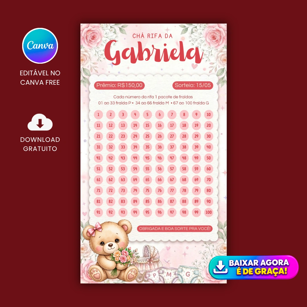 Chá rifa gratuito para menina editável no Canva com números de 1 a 100