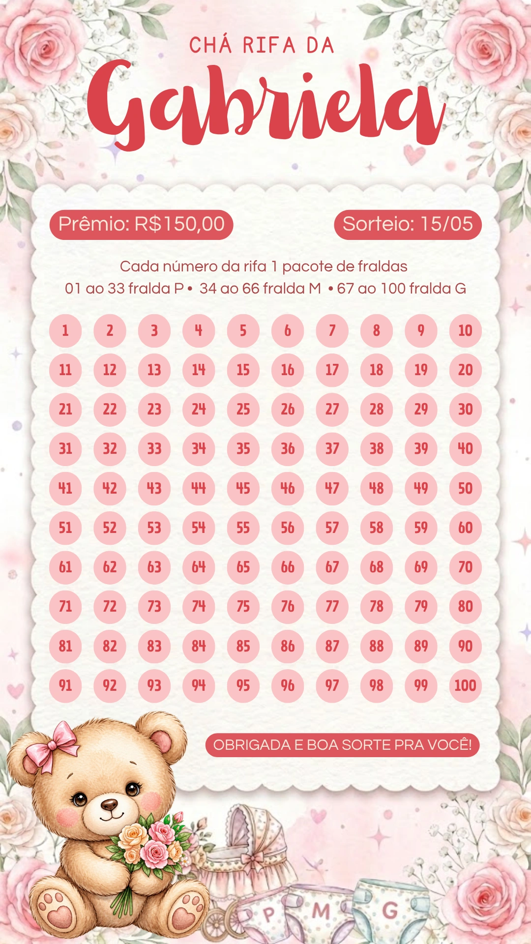 Chá Rifa de fraldas menina 100 números grátis para editar no Canva