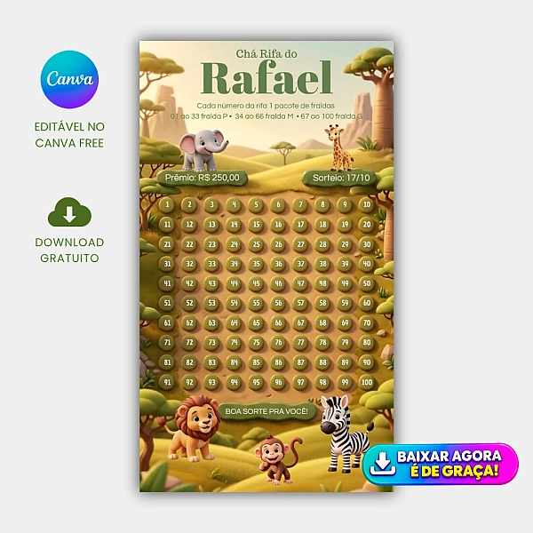 Chá Rifa de fraldas Safari com 100 números Grátis para Editar no Canva