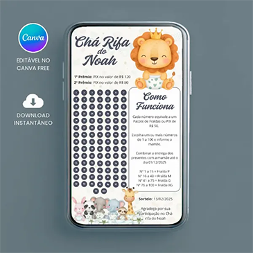Chá Rifa de Fraldas para Menino com 100 Números para editar no Canva