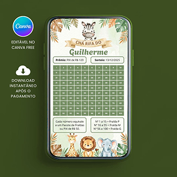 Chá Rifa de Fraldas Safari com 100 Números para editar no Canva