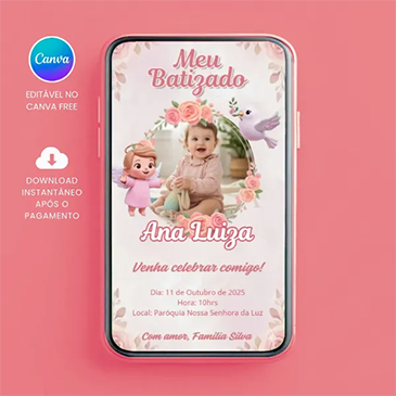Convite Animado de Batizado Anjo com Foto para editar no Canva